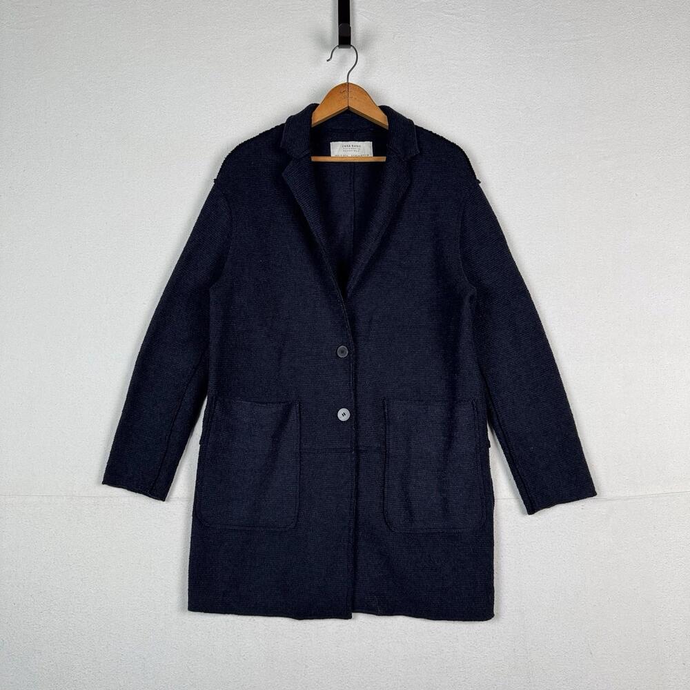 Zara‎ Wool Longline Navy Blue Car Coat Overcoat Cardigan Women’s Size M